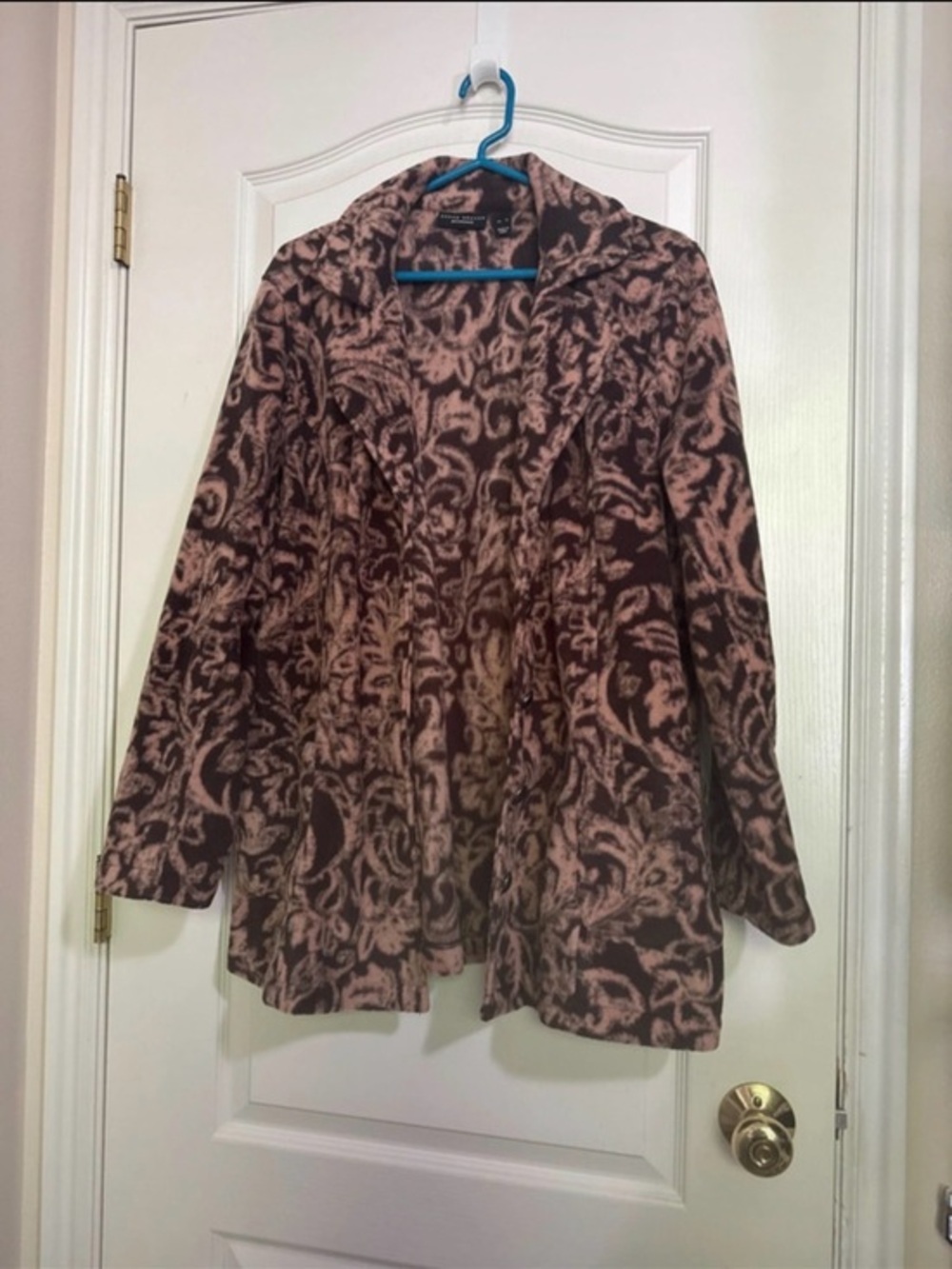 Susan Graver Brown and Pink Patterned Open-Front Pea Coat